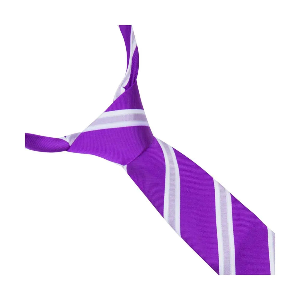 Purple and white striped tie on a white background