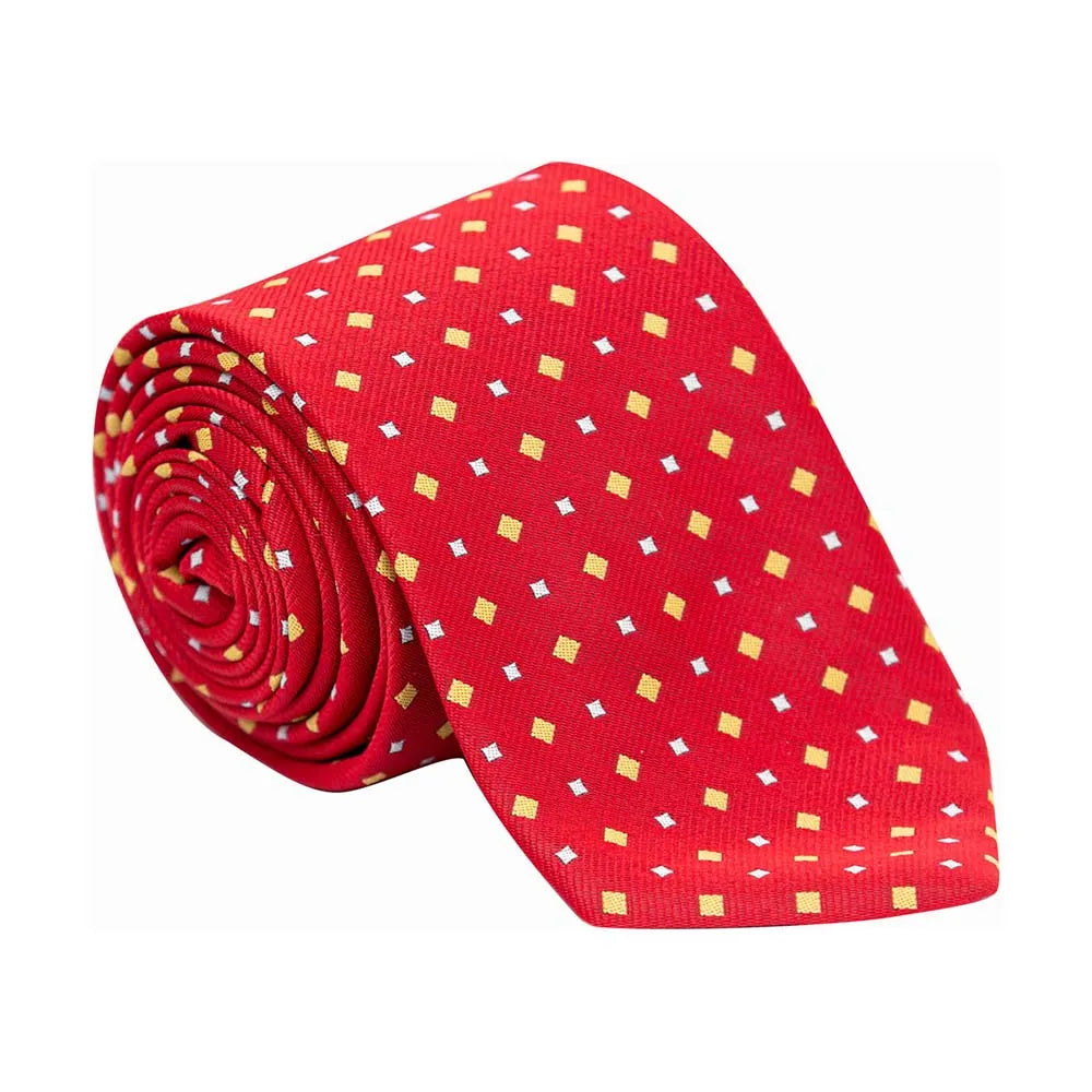 Red tie with small square pattern on a white background