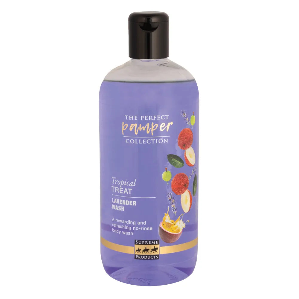 Purple bottle of 'The Perfect Pamper Collection' tropical treat lavender wash on a white background