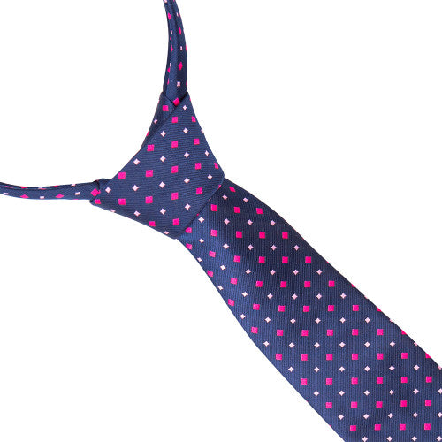 Navy blue tie with pink and white geometric pattern on a white background