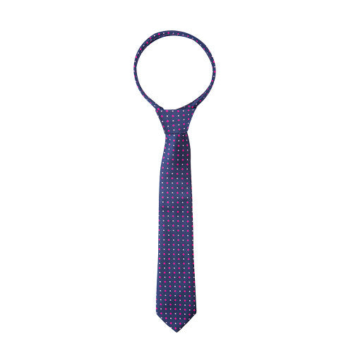 Navy blue tie with pink polka dots on a white background