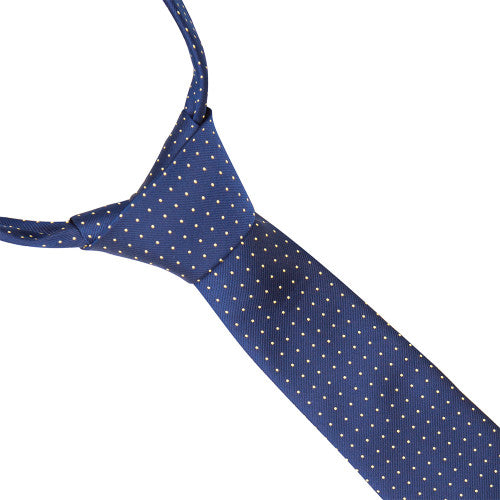 Blue tie with yellow polka dots on a white background