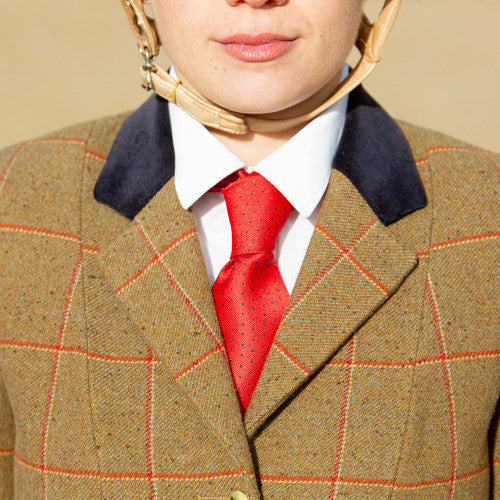 Person wearing a brown checkered jacket with a red tie and white shirt.