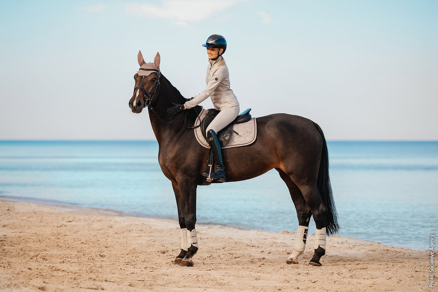 Person riding a horse on a sandy beach with ocean in the background