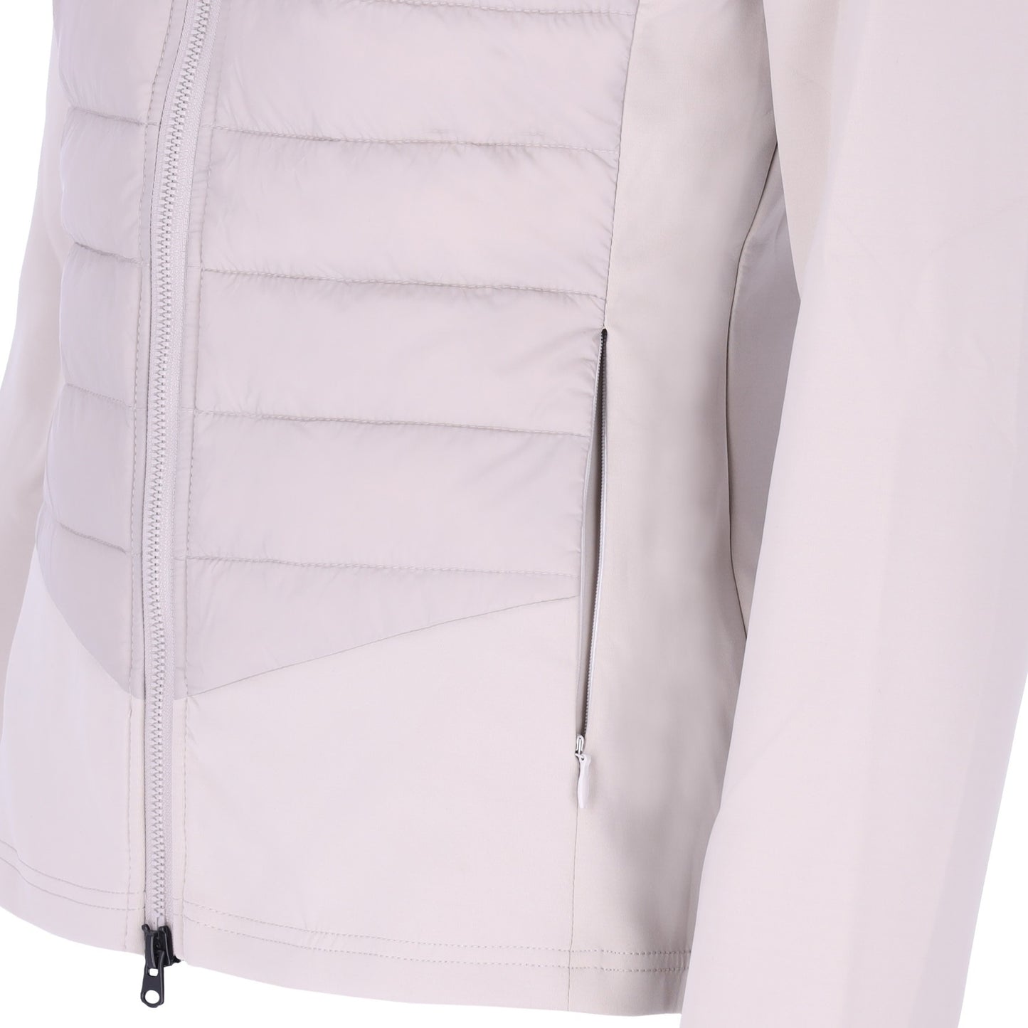 Pocket detail of a grey sporty jacket on a white background