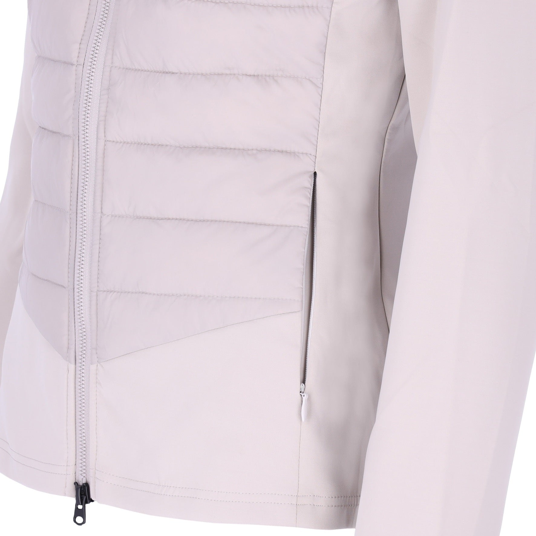 Pocket detail of a grey sporty jacket on a white background