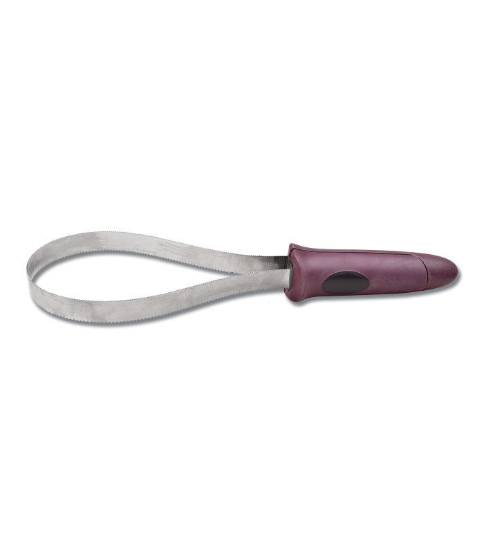 Metallic object with a purple handle on a white background