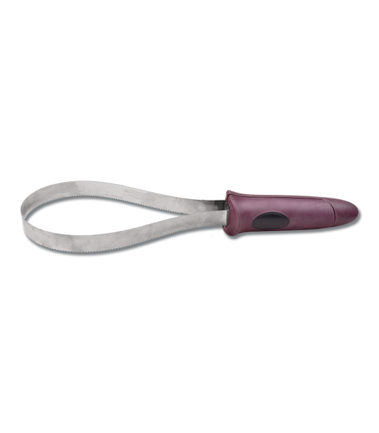 Metallic object with a purple handle on a white background