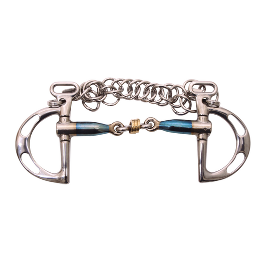 Horse bridle bit with metal chain on a white background