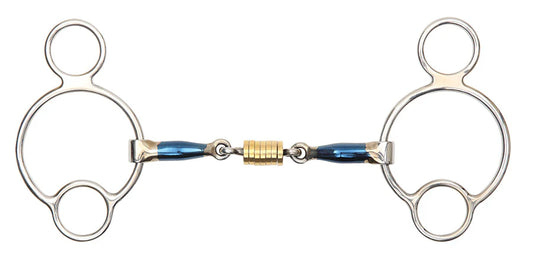 Horse bridle bit with metal and blue accents on a white background
