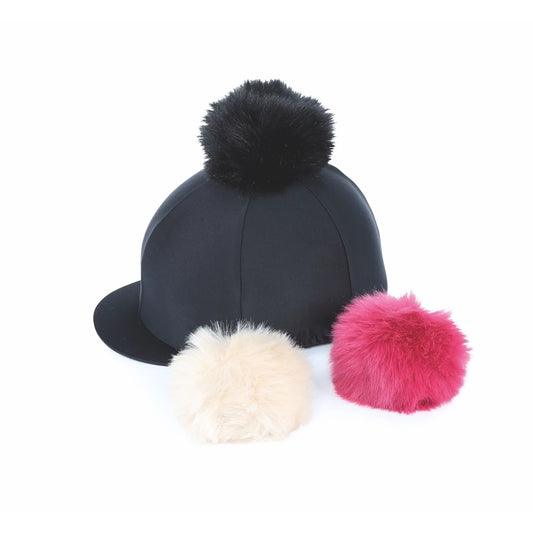 Black riding helmet with three colorful fur pom-poms on a white background