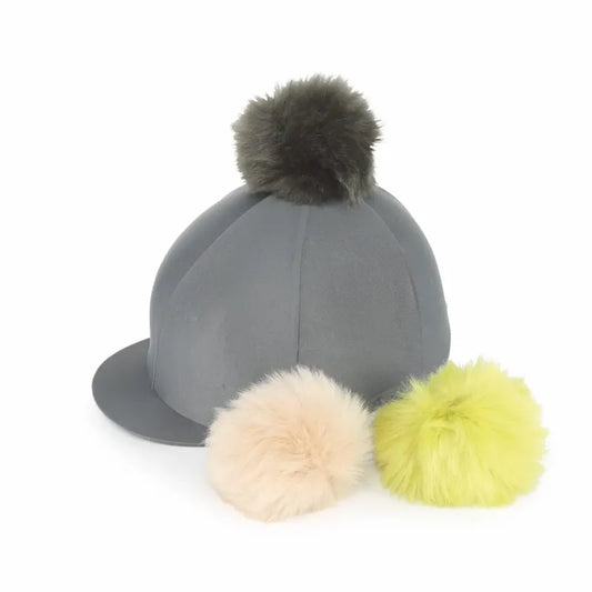 Gray cap with colorful pom-poms on a white background