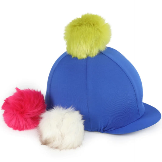 Blue equestrian helmet with colorful pom-poms on a white background
