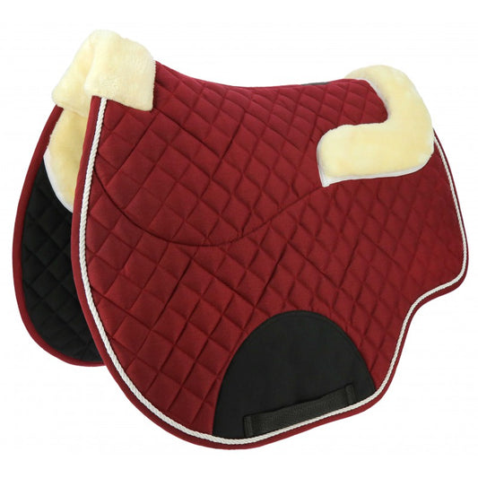 Burgundy saddle pad with sheepskin lining on a white background
