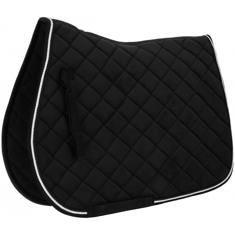 Black quilted saddle pad with white trim on a white background