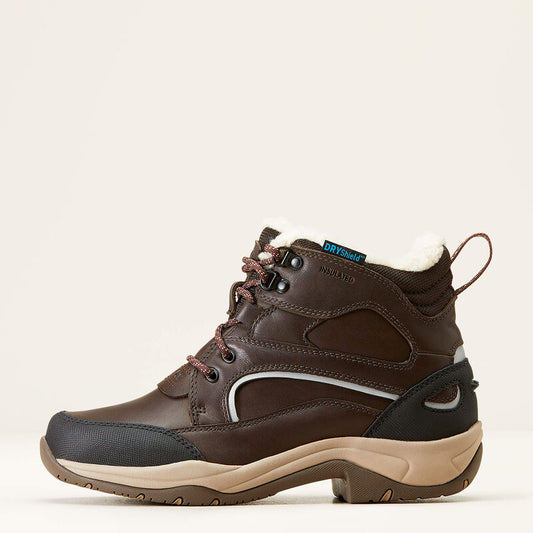 Brown hiking boot with visible brand logo on a beige background