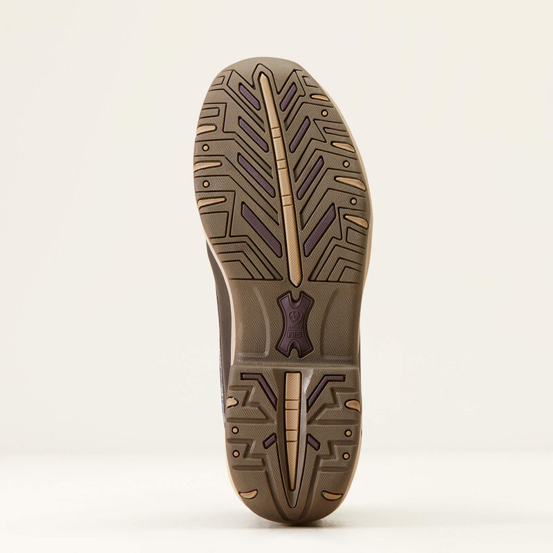 Close-up of a brown shoe sole with tread pattern on a white background