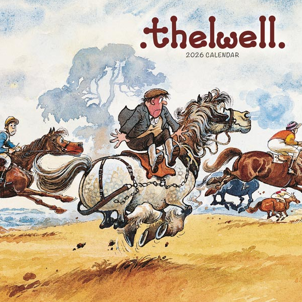 Calendar cover with illustration of a man riding a horse, surrounded by other riders and animals, with 'thelwell' branding.