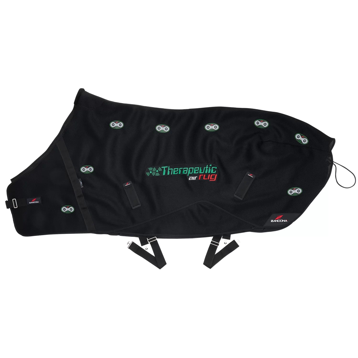 Black therapeutic rug with visible branding on a white background