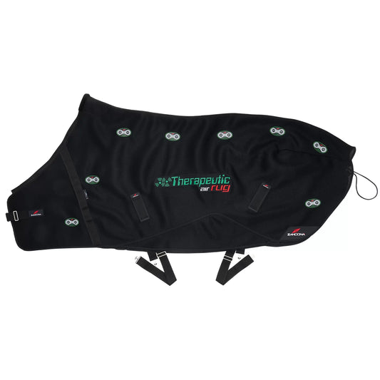 Black therapeutic rug with visible branding on a white background