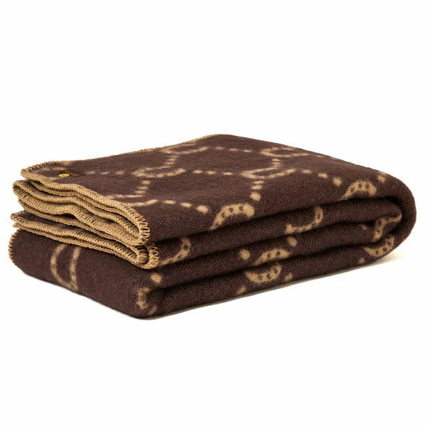 Beige and brown throw folded up.