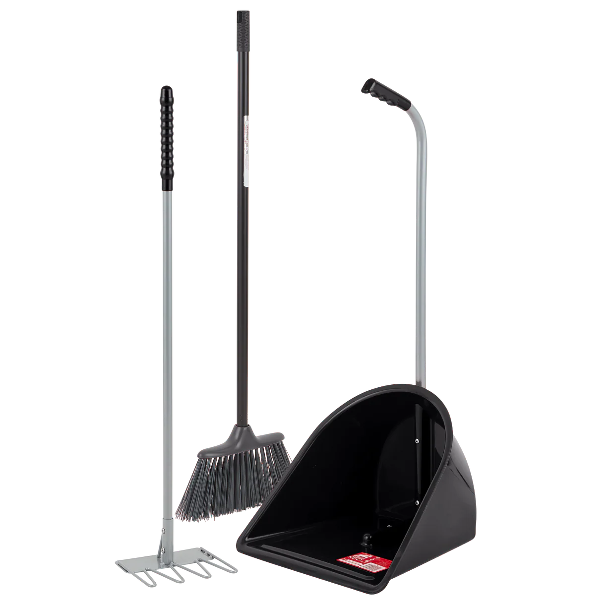 Rake, brush and black stable tidee on a white background