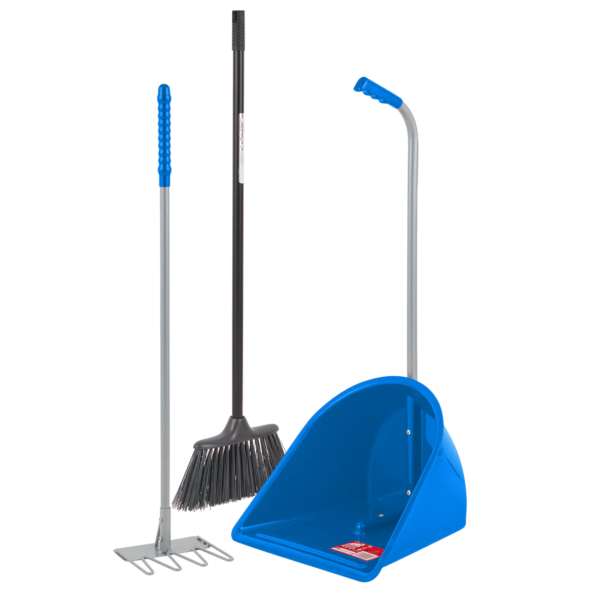Rake, brush and blue stable tidee on a white background