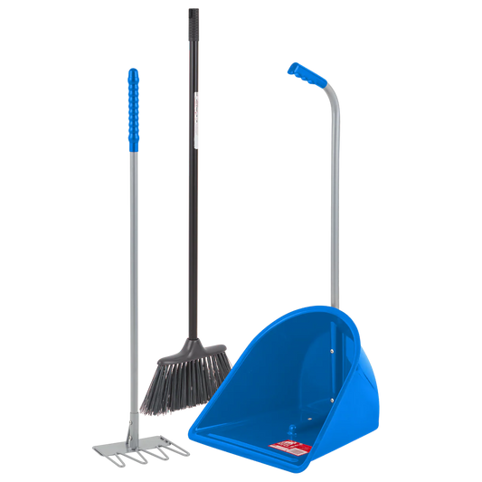 Rake, brush and blue stable tidee on a white background