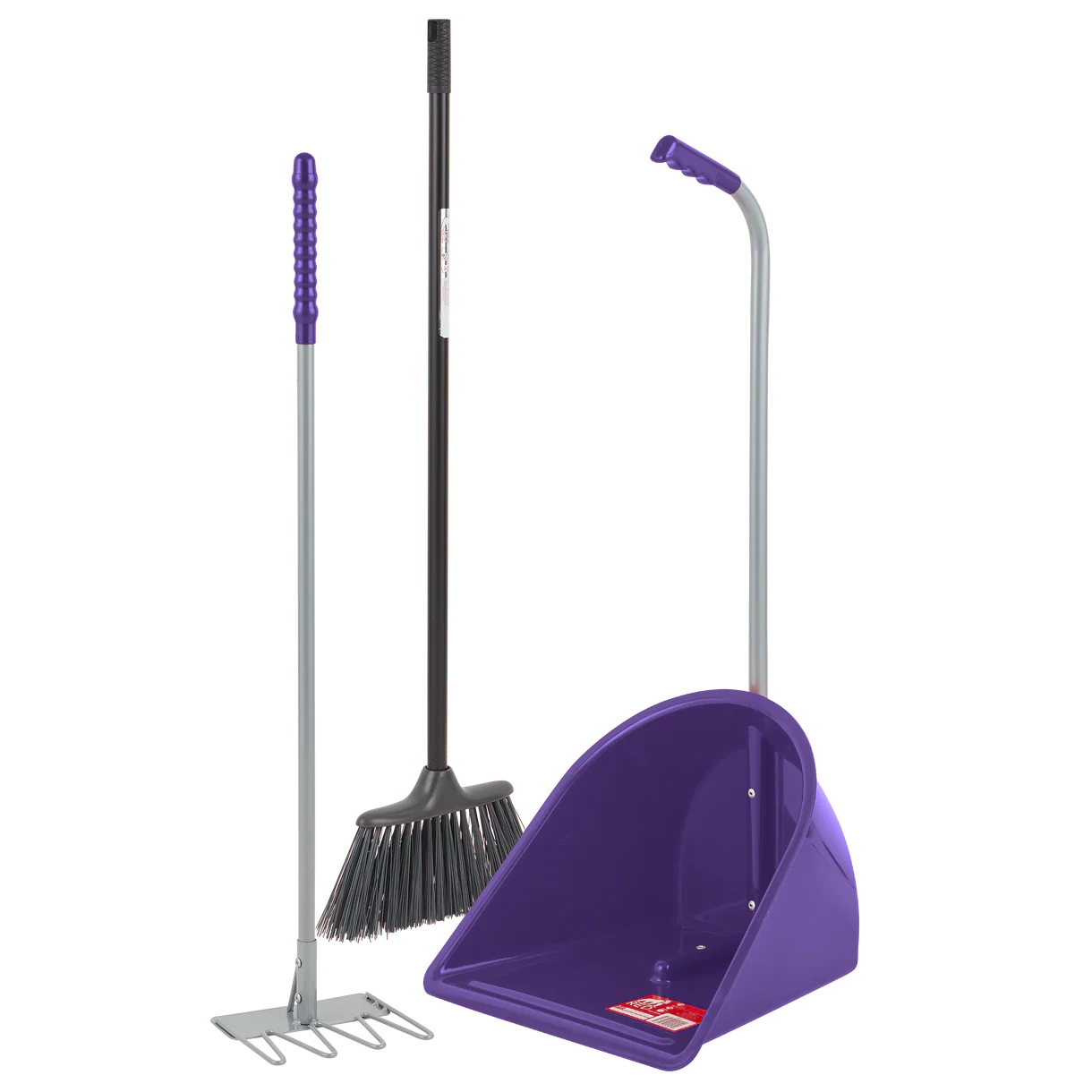 Rake, brush and purple stable tidee on a white background