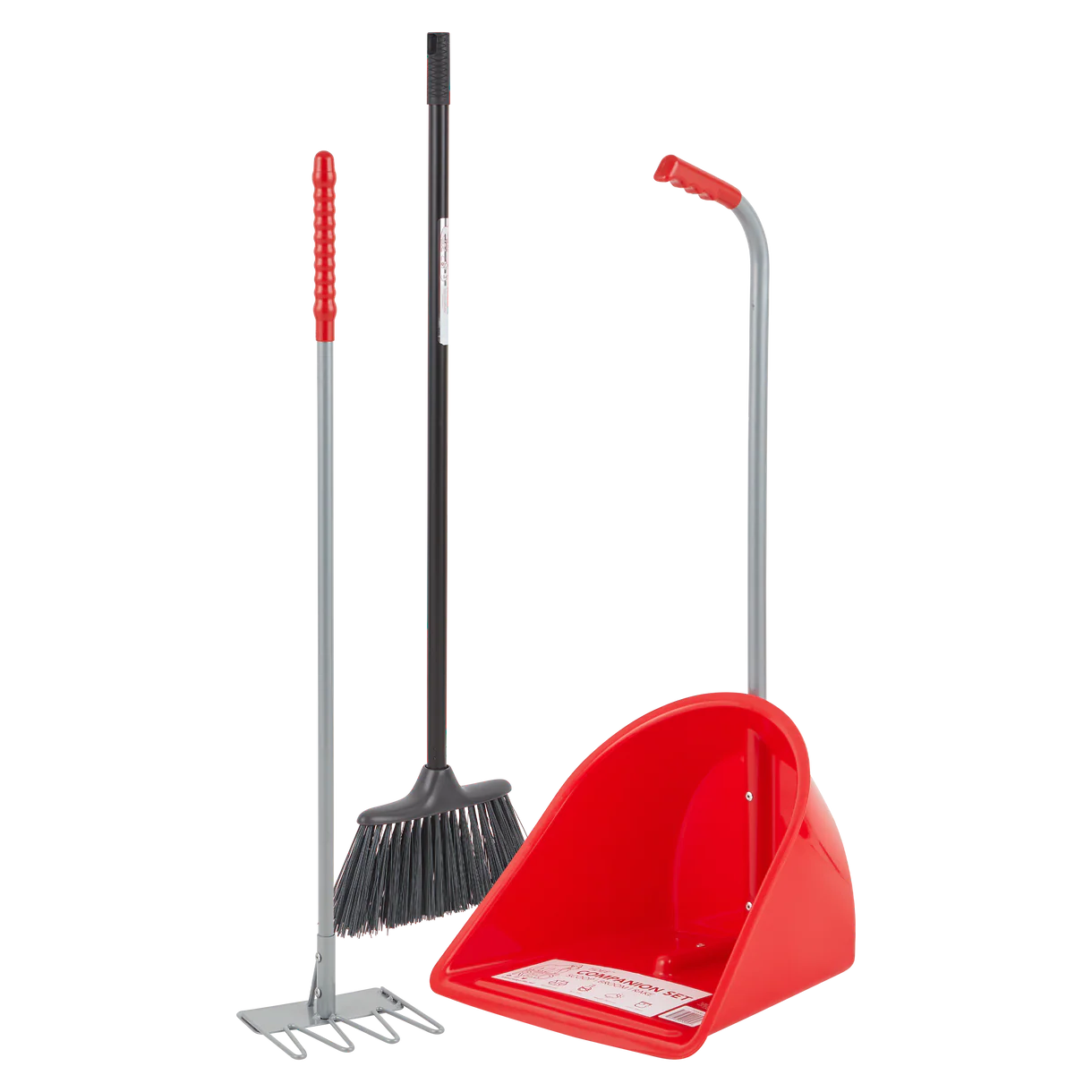 Rake, brush and red stable tidee on a white background