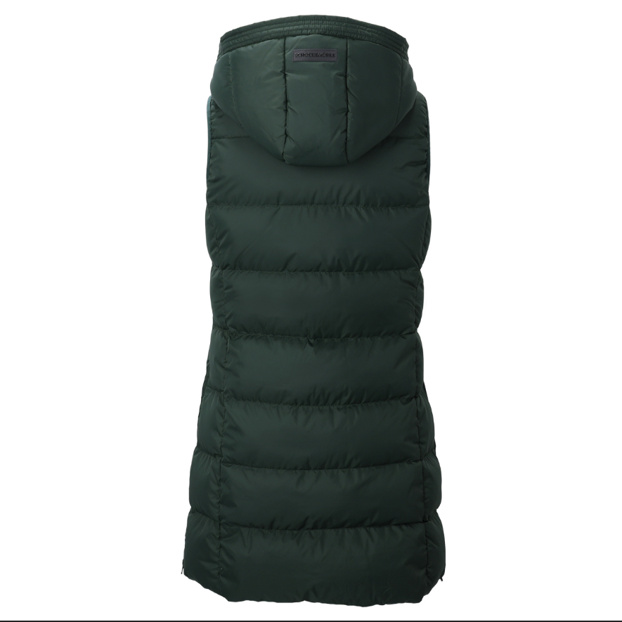 Dark green hooded puffer vest shown against a plain white background.