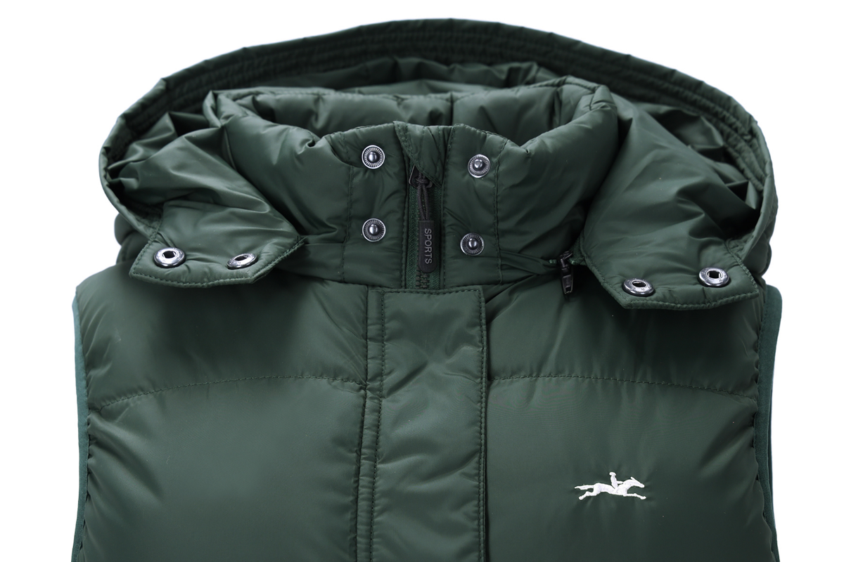 Dark green hooded puffer vest with a white logo on the lower left chest, shown against a plain white background.