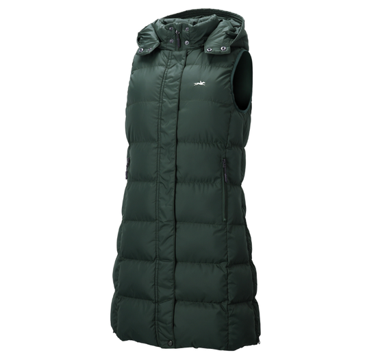 A dark forest green sleeveless puffer vest with a hood, shown on a clean white background. The vest features horizontal quilting, a front zipper, and a small white logo on the left chest.