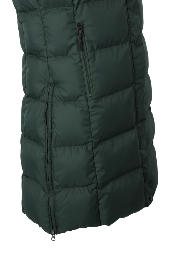 A dark forest green puffer vest with horizontal quilting and a vertical zippered pocket on the front, shown against a plain white background.
