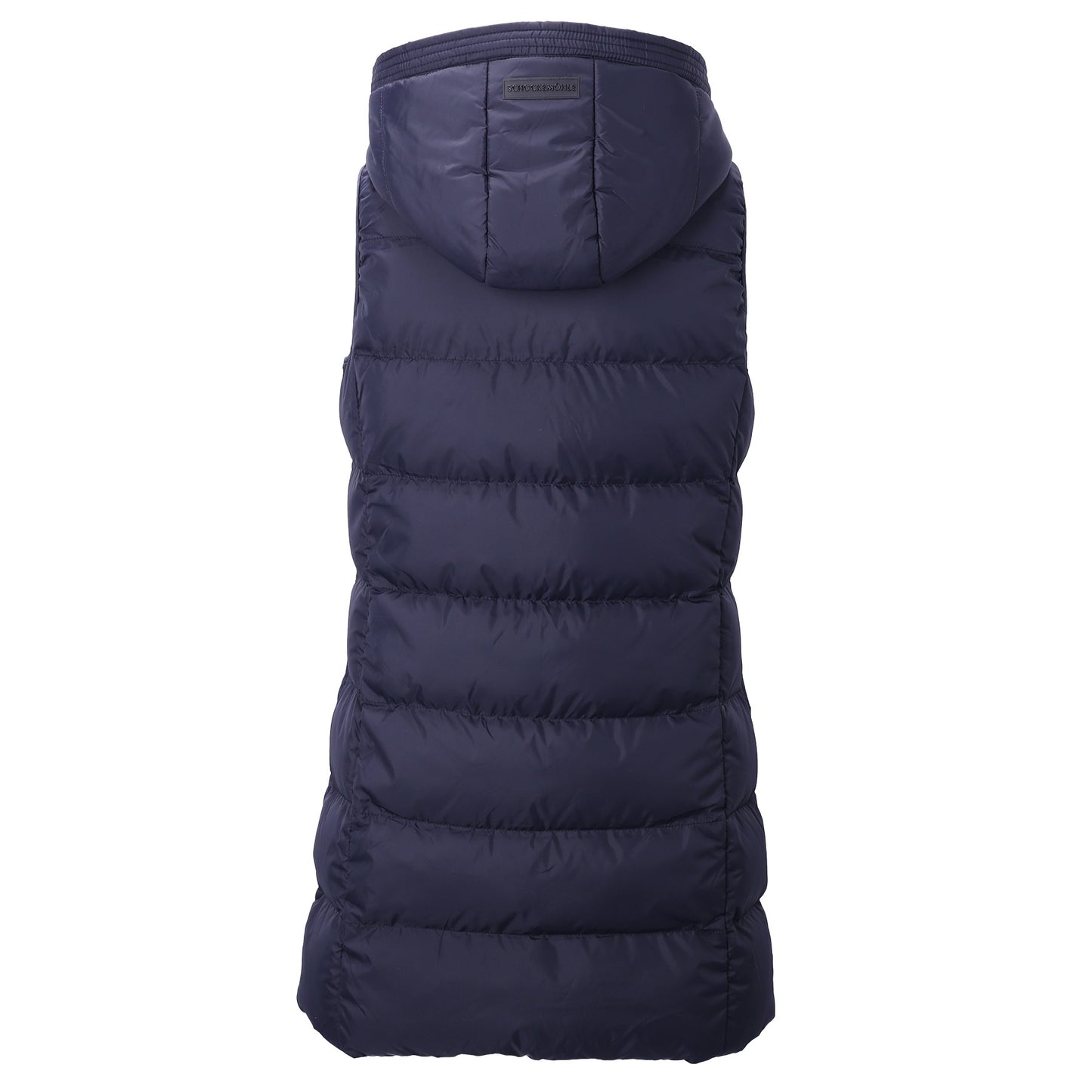 A dark navy blue hooded puffer vest shown from the back, featuring horizontal quilting and a padded hood, set against a plain white background.