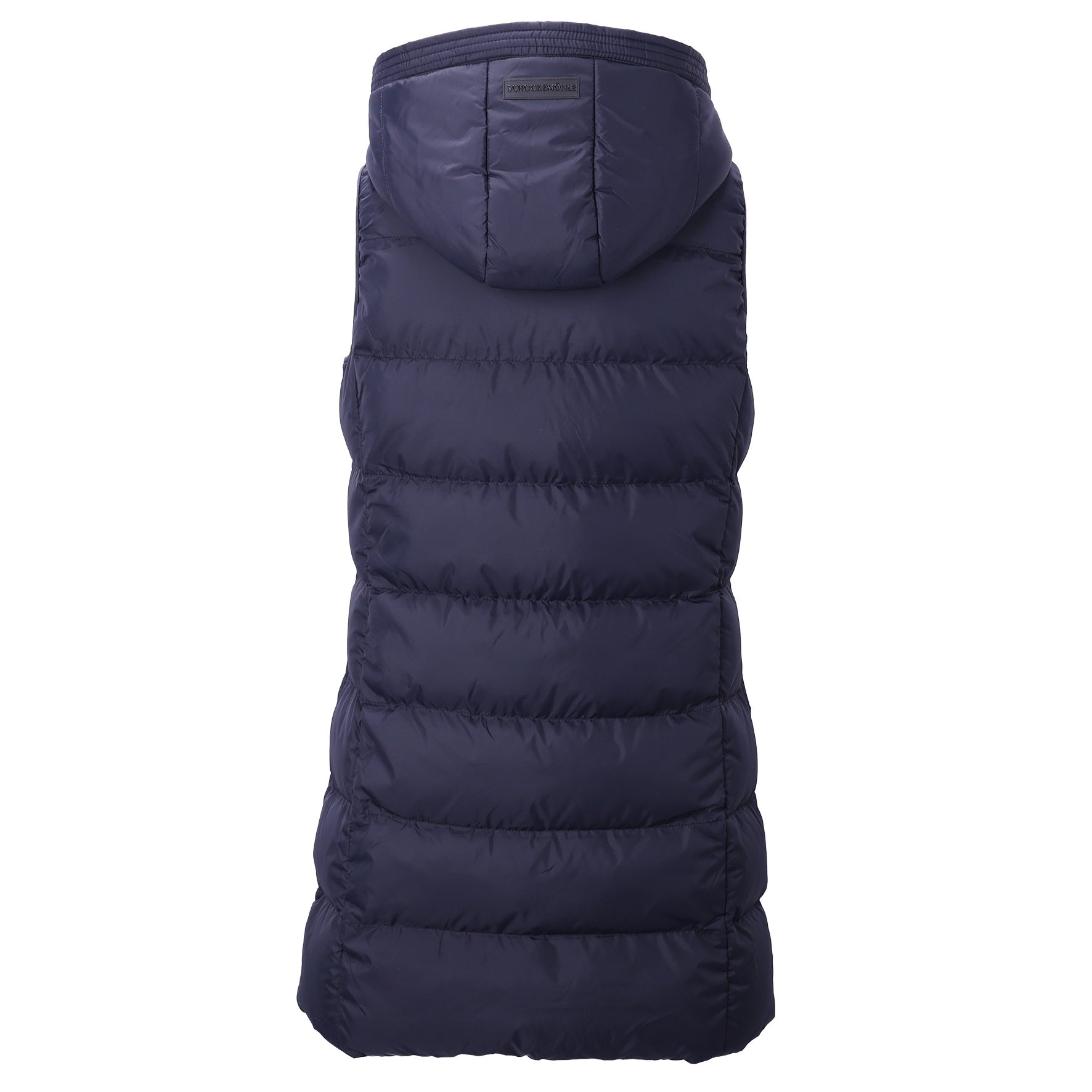 A dark navy blue hooded puffer vest shown from the back, featuring horizontal quilting and a padded hood, set against a plain white background.
