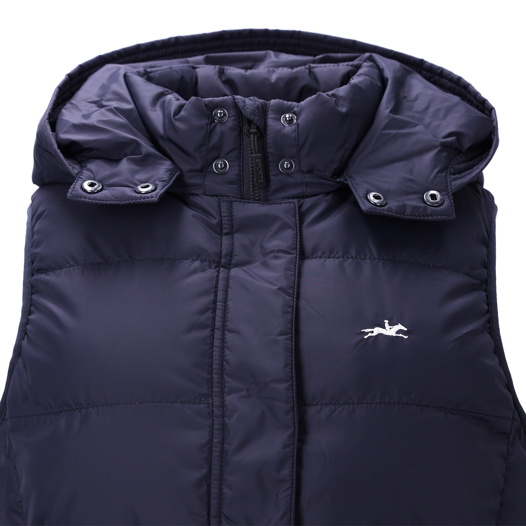 A close-up of a dark navy hooded puffer vest with horizontal quilting, a front zipper, and a small white running logo on the left chest, shown against a plain white background.