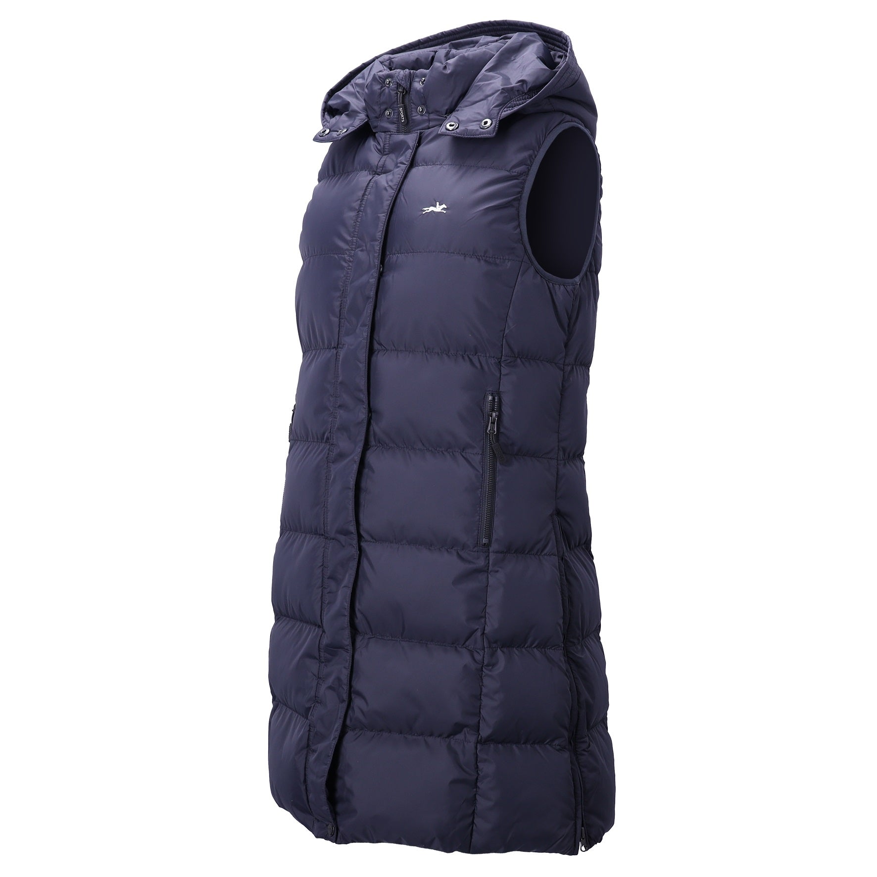 A sleeveless hooded puffer vest in dark navy blue, shown from a three-quarter angle against a plain white background.