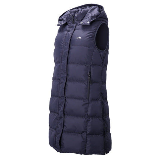 A sleeveless hooded puffer vest in dark navy blue, shown from a three-quarter angle against a plain white background.