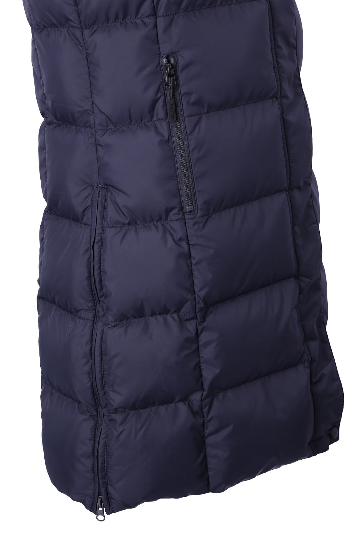 A close-up of a dark navy blue puffer vest with horizontal quilting and a vertical zippered pocket on the front, shown against a plain white background.