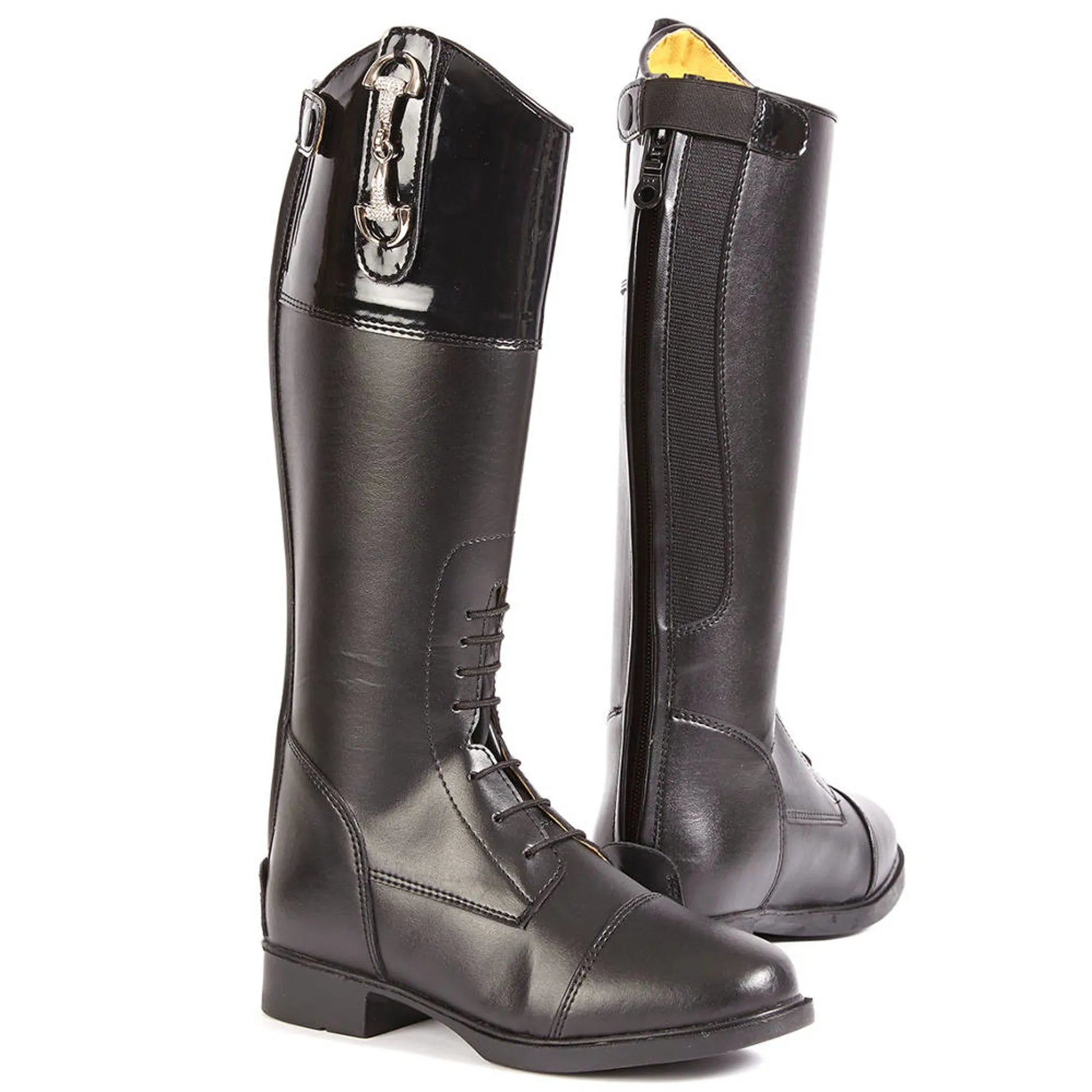 Pair of tall black boots on a white background