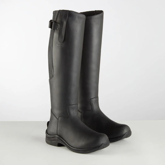 Pair of black long riding boots on a white background