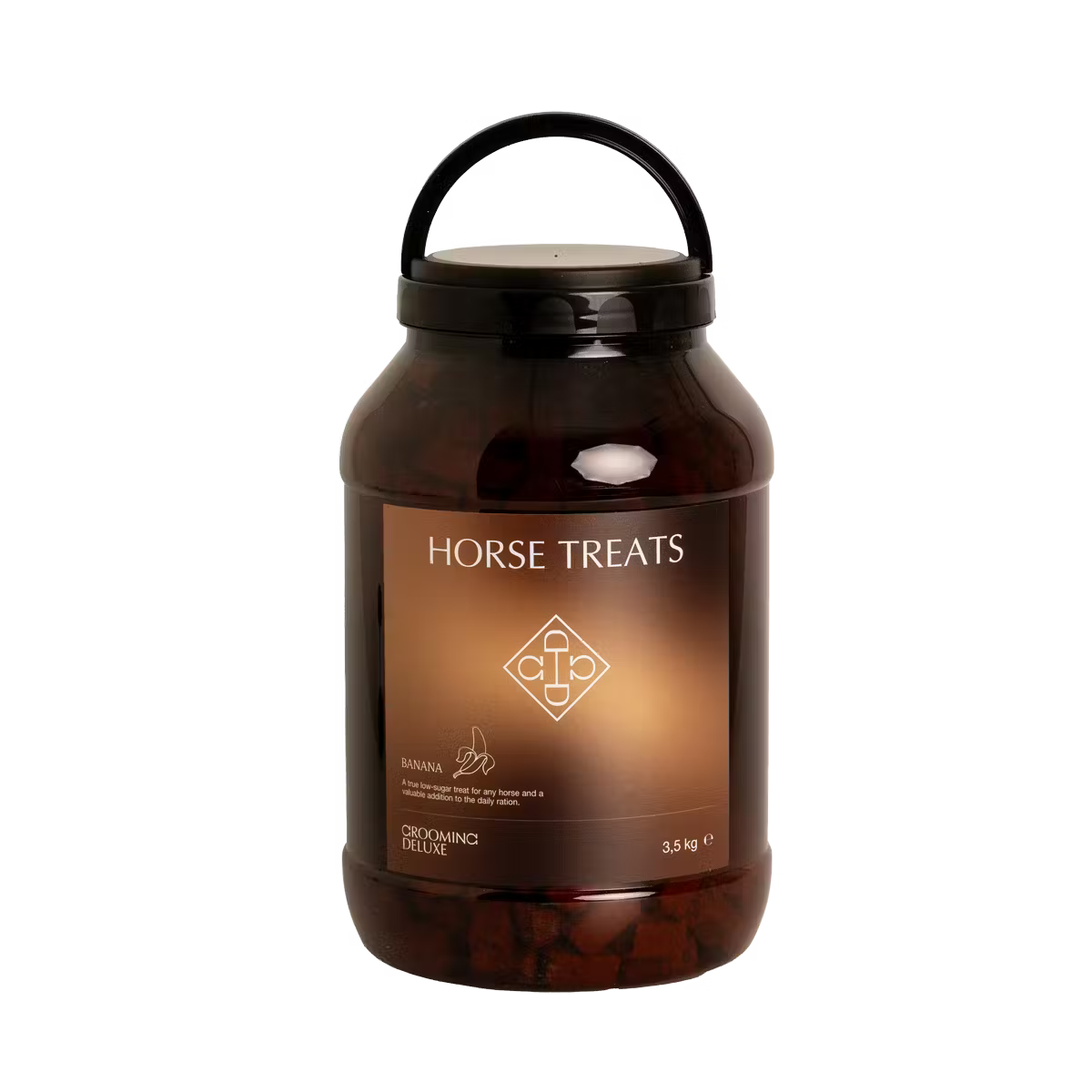 Tub of horse treats on a white background