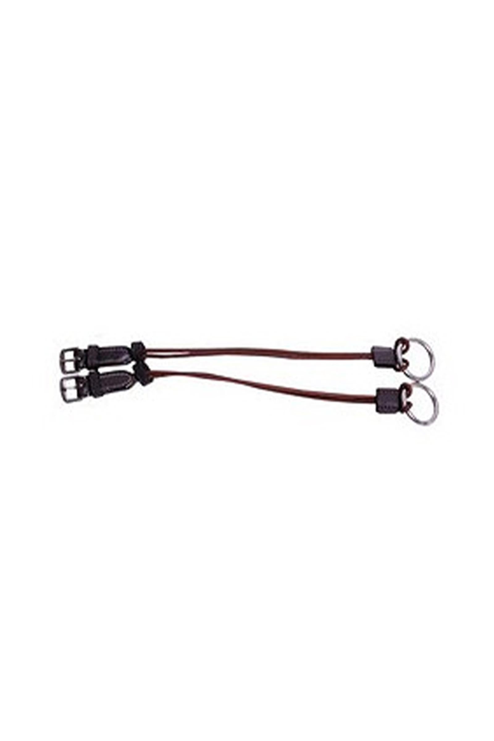 Close-up of a brown gag rope with branding on a white background