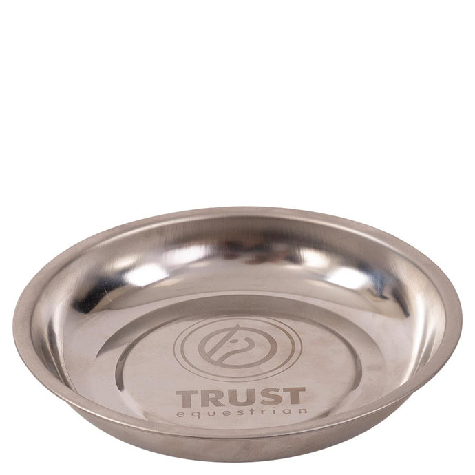 Stainless steel bowl with 'Trust Equestrian' logo on a white background