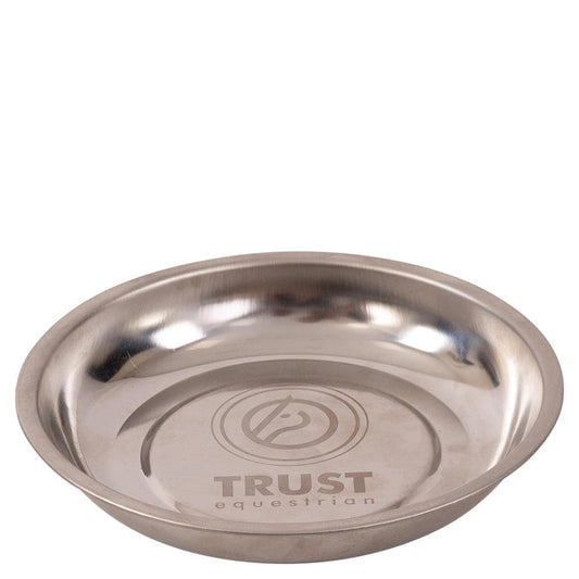 Stainless steel bowl with 'Trust Equestrian' logo on a white background