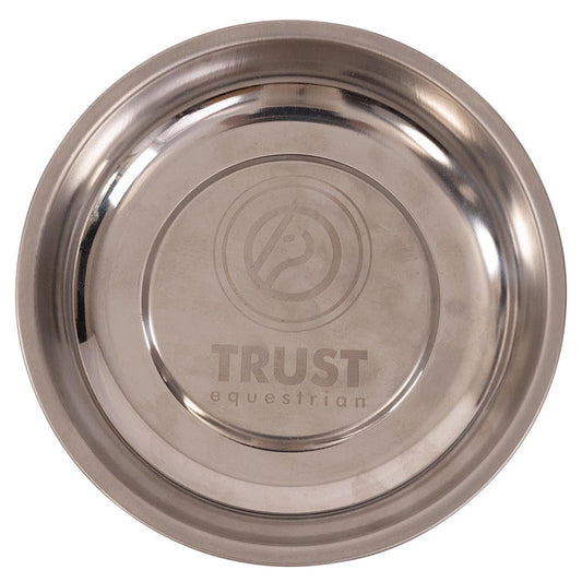 Stainless steel bowl with 'Trust Equestrian' logo on a white background