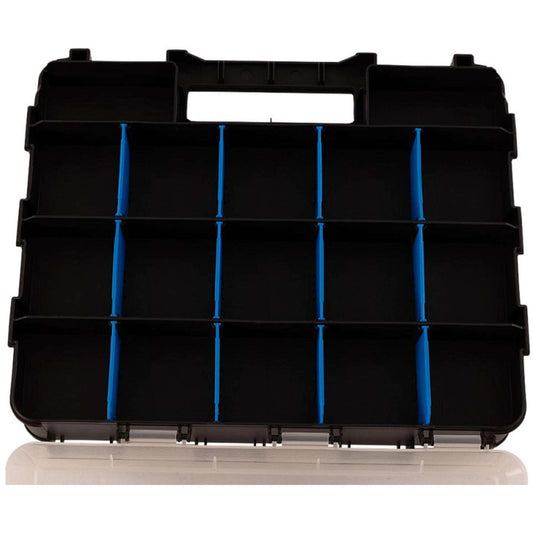 A black plastic multi-compartment organizer tray with twelve individual slots, divided by bright blue vertical spacers, shown on a reflective white surface.