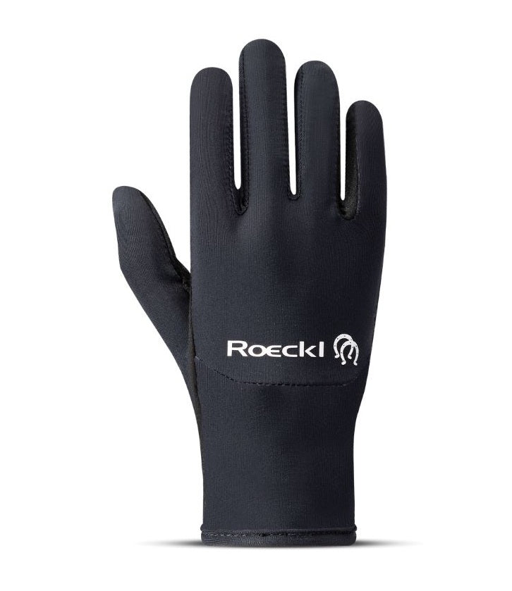 A single black glove with the white 'Roeckl' brand logo printed on the back of the hand, shown against a plain white background.