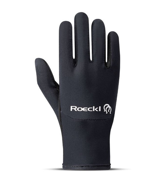 A single black glove with the white 'Roeckl' brand logo printed on the back of the hand, shown against a plain white background.